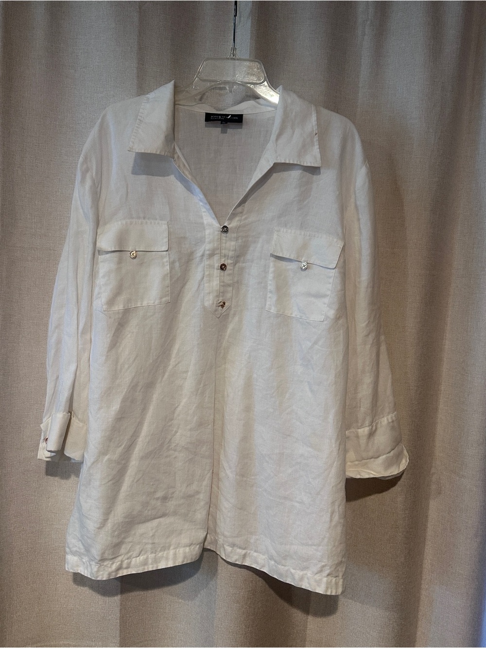 Jones New York White Linen Button-Front Tunic Blouse